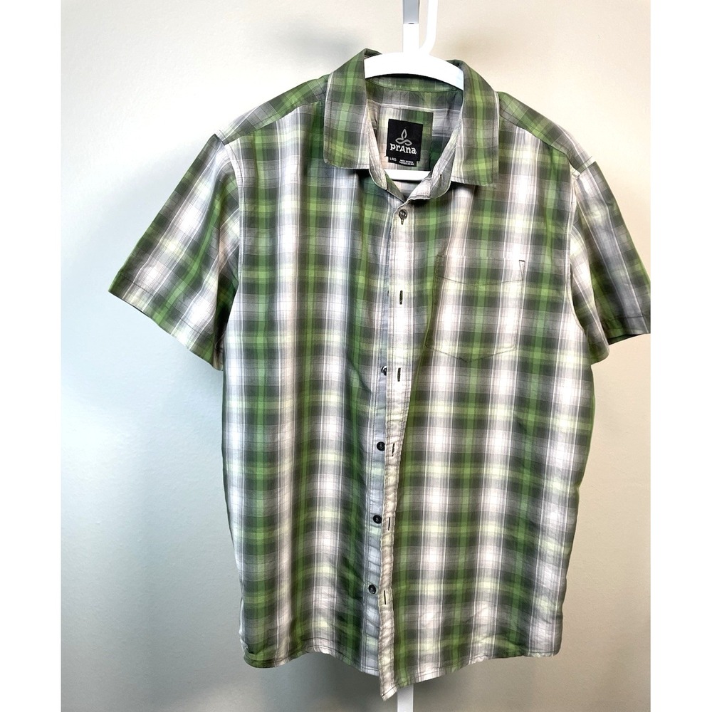 Prana Men's Short Sleeve Button Up Shirt Large Green Organic Cotton Plaid Hiking